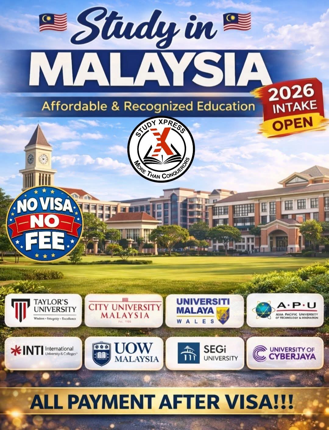 Study in Malaysia 2026 – No Visa No Fee, All Payment After Visa